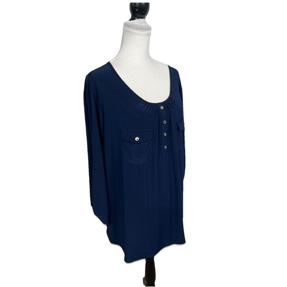 PerSeption Women Blouse Plus 3X Blue Roll Tab Sleeve Tunic Top Goldtone Buttons - Picture 3 of 9